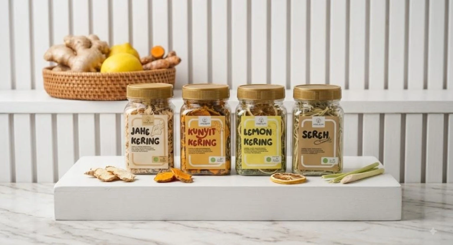 Empat produk herbal kering LOKA BUMI: jahe, lemon, kunyit, dan sereh